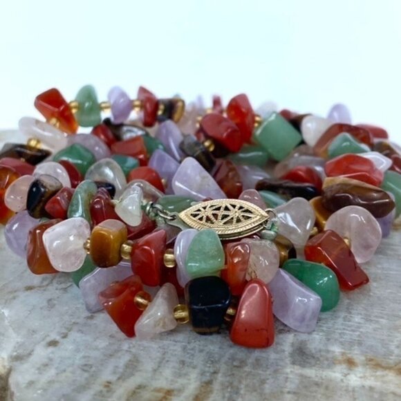 VTG Multi Gemstone Beaded 29" Necklace 14K Gold Filled Filigree Fish Hook Clasp - Picture 7 of 16